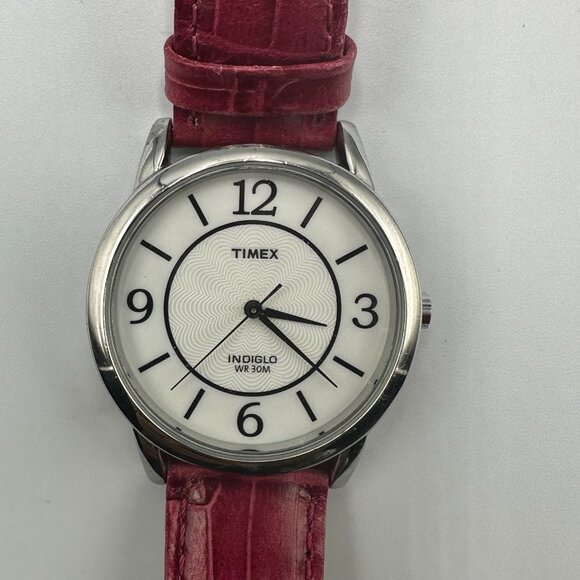 Timex Watch Women Silver Tone Indiglo Dial Red Leather Band New Battery 9 Inch - Picture 1 of 16